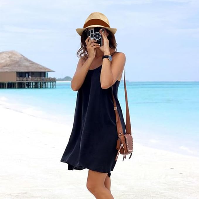 DRESHOW Women Straw Panama Hat Travel Fedora Beach Sun Hat Summer Wide Brim Straw Roll up Hat UPF 50+