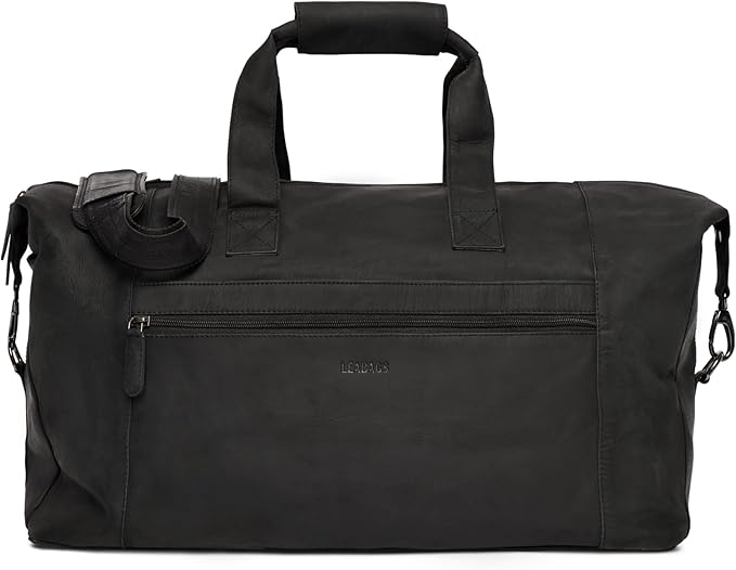 Leabags Leather Weekender | Genuine Leather Premium Travel Bag | 41L Sports Duffle Gym Training Airplane Bag | Large | Natural Black | Women & Men