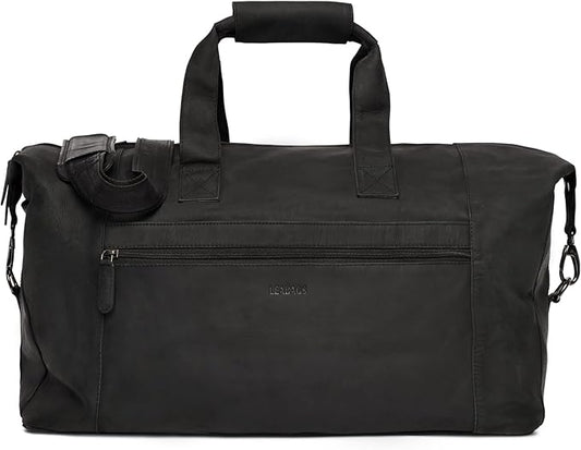 Leabags Leather Weekender | Genuine Leather Premium Travel Bag | 41L Sports Duffle Gym Training Airplane Bag | Large | Natural Black | Women & Men