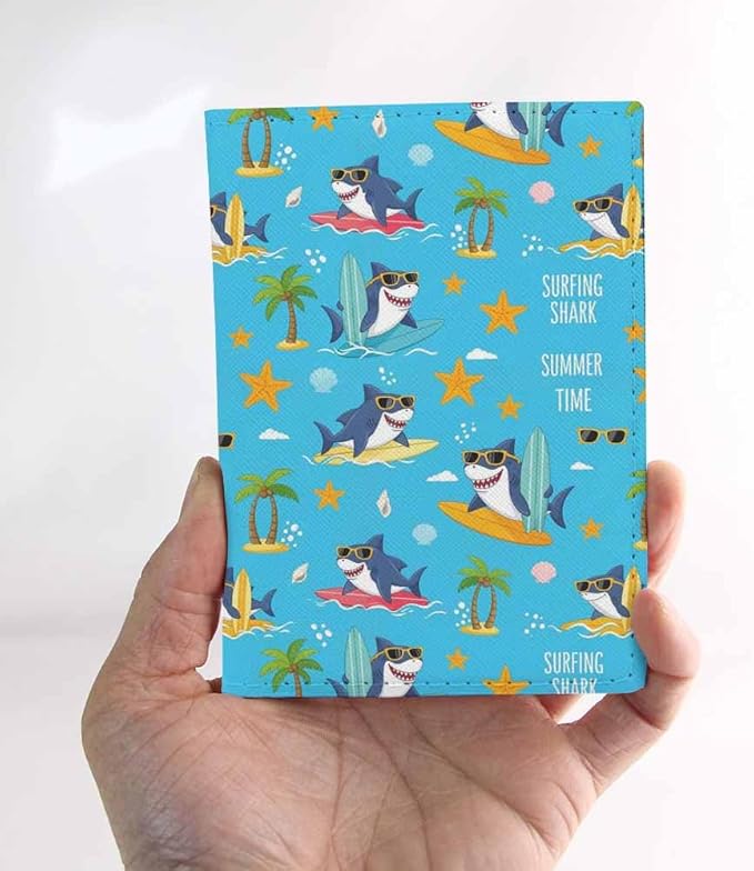 Surfer Shark Passport Holder for Travel Summer Time Surfboard PU Leather Passport Cover Wallet Cute Passport Card Holder for Women and Men
