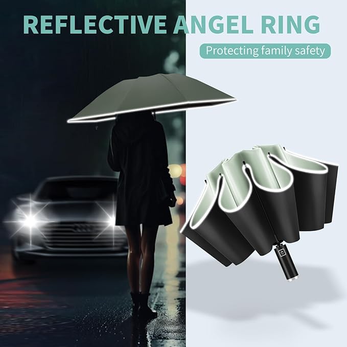 Yoobure Inverted Windproof Travel Umbrella - Automatic Umbrellas for Rain, Compact Folding with Reflective Stripe, Portable Large for Backpack, Lightweight with Sun UV Protection