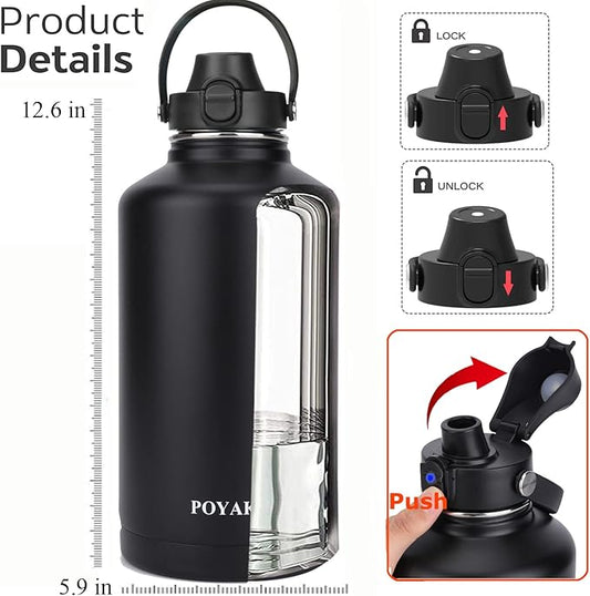 Water Bottle Insulated 32oz 40oz 64oz 128oz Straw Lid Spout Lid & 3 Lids, Leak Proof, Vacuum Insulated,Stainless Steel Water Bottle Wide Mouth for Sports, Gym or Office