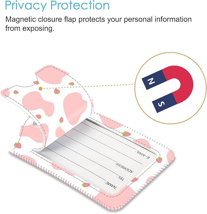 Fintie Luggage Tags, Privacy Cover ID Label with Stainless Steel Loop and Address Card for Travel Bag Suitcase - Strawberry Cow (2 Piece)