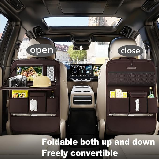 GMQ Back Seat Car Organizer 1 Pack,Backseat Organizer with Tray,Multifunctional Car Seat Back Storage Box with Foldable Tablet Holder (Coffee, Plain weave)