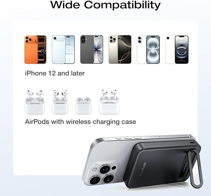 EF ECOFLOW Rapid Mag Power Bank 10,000mAh, Qi2 Certified 15W Wireless Charging, 0.6'' Ultra-Slim Magnetic Portable Charger, Fast Charging Magsafe-Compatible Battery for iPhone 17/16/15, Galaxy, Black