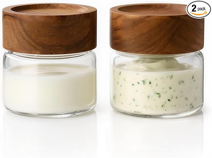 Zoaiirte 2-Pack 4 oz Leakproof Mason Jars with Airtight Acacia Wood Lids - Small Glass Food Storage Containers for Overnight Oats, Spices, Snacks, Kitchen Pantry Organization