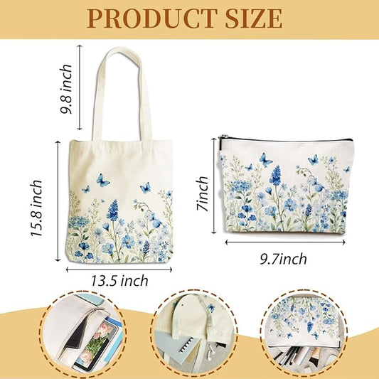 Flower Plant Lover Gifts for Women Canvas Tote Bag with Makeup Bag Cosmetic Bags Grocery Bags for Shopping Christmas