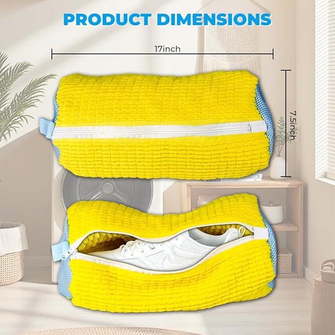 Shoe Washing Machine Bag Laundry Shoe Bag for Washer and Dryer Reusable 2pcs Yellow Shoe Cleaning Bags 360° Deep Cleaning Machine for All Shoes Types With Self-locking Zipper