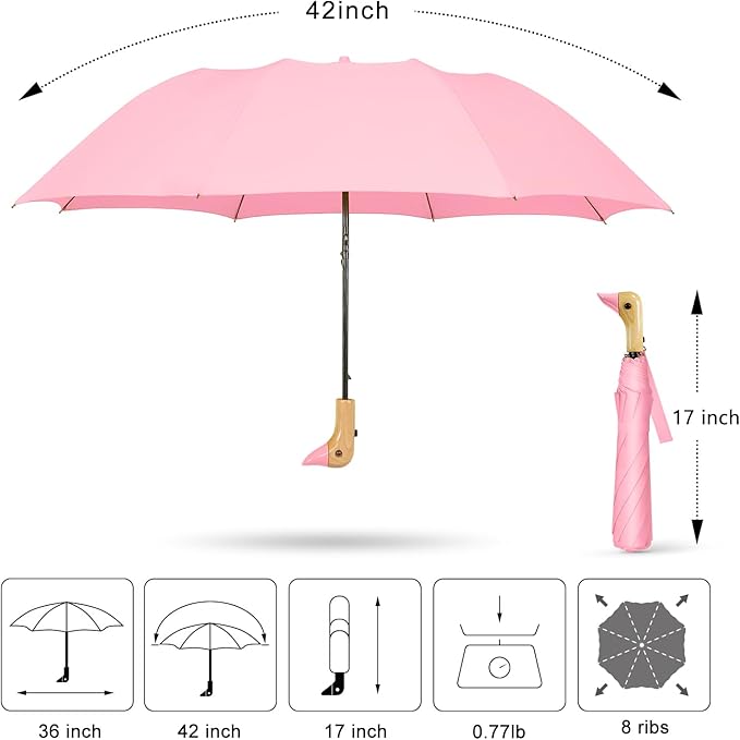 Duck Handle Umbrella Kids - Compact Portable Folding Lightweight Small Strong Wooden Duck Windproof Travel Umbrella for Kids Gifts