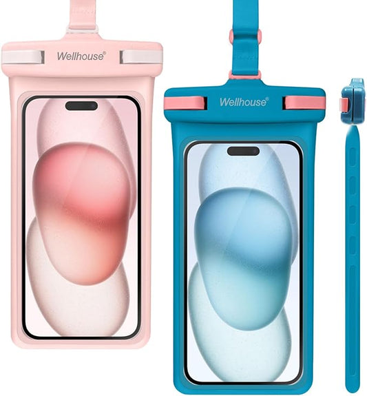 wellhouse Waterproof Phone Pouch, Waterproof Phone Case for iPhone 16 15 14 13 12 Pro Max XS Samsung, IPX8 3D Cellphone Dry Bag Beach Essentials (2 Pack - Blue & Pink7.0, 7 inch)
