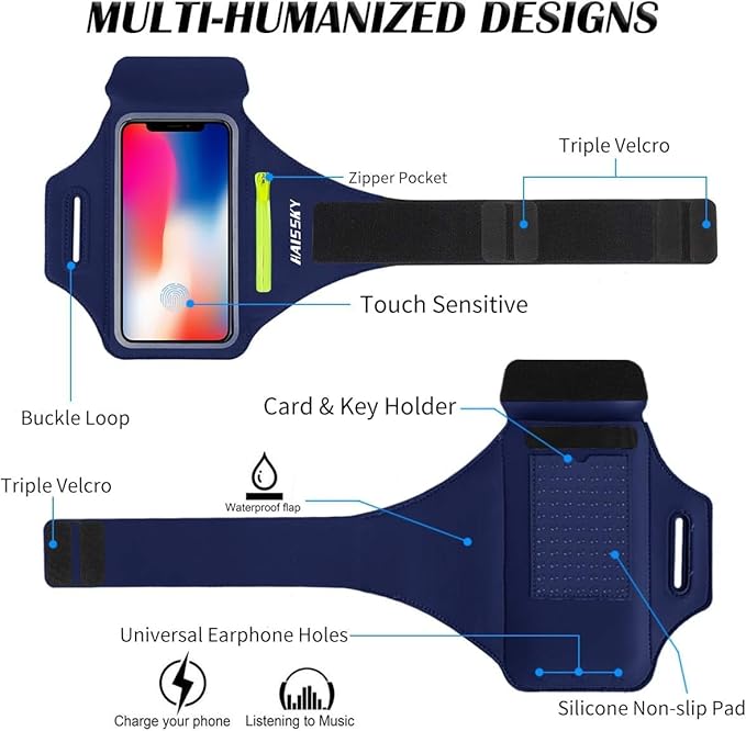 Cell Phone Running Armband with Earbuds Zipper Pocket Armband Case Running Holder for iPhone 15 Pro Max /14/13/ 12/11 Pro Max/XS/XR,Galaxy S20 S10,Sweatproof Arm Band with Card/Key Bag