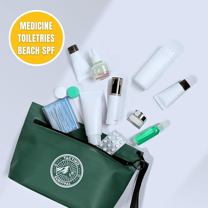 Tactiko 3L Water Resistant Pouch - Waterproof Material w/Splashproof Zipper - Hold All Zipper Bag for Storage, Toiletries, Travel, Beach, Cruise, Home (Green)