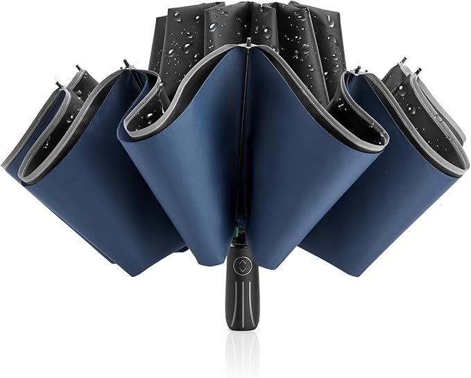 G4Free 54 Inch Large Double Layer Inverted Umbrella, 12 Ribs Compact Windproof Automatic Folding Reverse Umbrella with Reflective Strip for rain