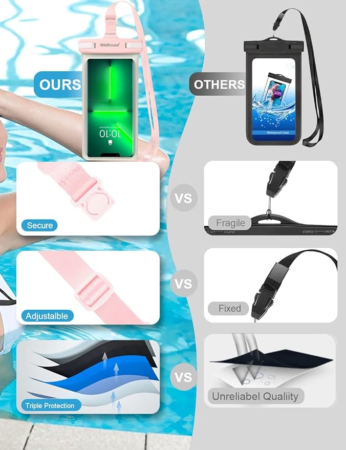 wellhouse Waterproof Phone Pouch, Waterproof Phone Case for iPhone 16 15 14 13 12 Pro Max XS Samsung, IPX8 3D Cellphone Dry Bag Beach Essentials (2 Pack - Luminous Blue & Pink7.0, 7 inch)