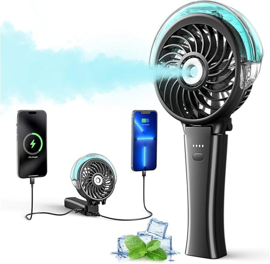 6000mAh Portable Handheld Misting Fan as Power Bank, 50ml XL Water Tank, 20H Runtime 3 Speeds, 180° Foldable Rechargeable Mist Fan for Travel, Outdoors, Makeup - Black