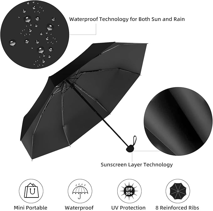 Travel Mini Compact Folding Umbrella with Case - UV Sun & Rain Protection, Lightweight Portable Pocket Umbrella for Women Men Kids, Fits Purse Backpack