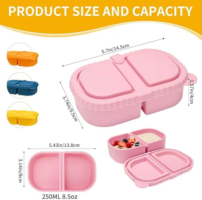 AKGGBOOOM 4 Pack 8.5oz 2-Compartment Snack Containers, Kids Snack Container with Leakproof Lids, Small Silicone Bento Box & Fruit Containers for Lunchbox, School, Travel, and Meal Prep