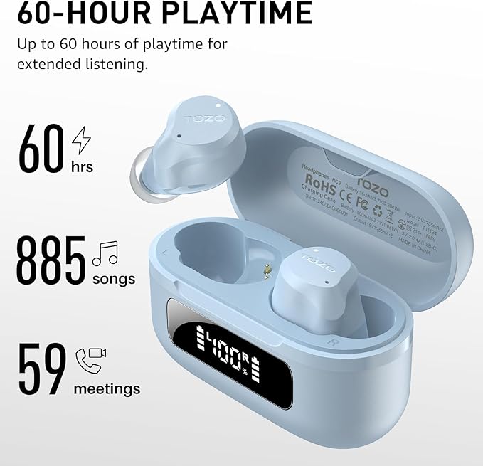 TOZO NC9 Hybrid Active Noise Cancelling Wireless Earbuds, 6 Mics ENC Clear Call, IPX8 Waterproof, in Ear Bluetooth 5.3 Headphones Stereo Bass Ear Buds 60H Playtime with LED Display 32 EQs via APP