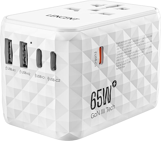 LENCENT 65W International Travel Adapter, Universal Travel Adapter with 2 QC USB-A & 3 PD3.0 Type C Power Outlet, Fast Charging for Phone,Laptops, All-in-One Outlet Converter for USA/UK/EU/AUS, White