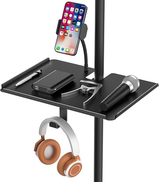 Metal Microphone Stand Tray with Mic Stand Phone Holder - 11.7" x 7.8" Functional Large Mic Stand Tray Shelf for Studio, Concert, Karaoke Clamp on Music Stand Shlef Attachment