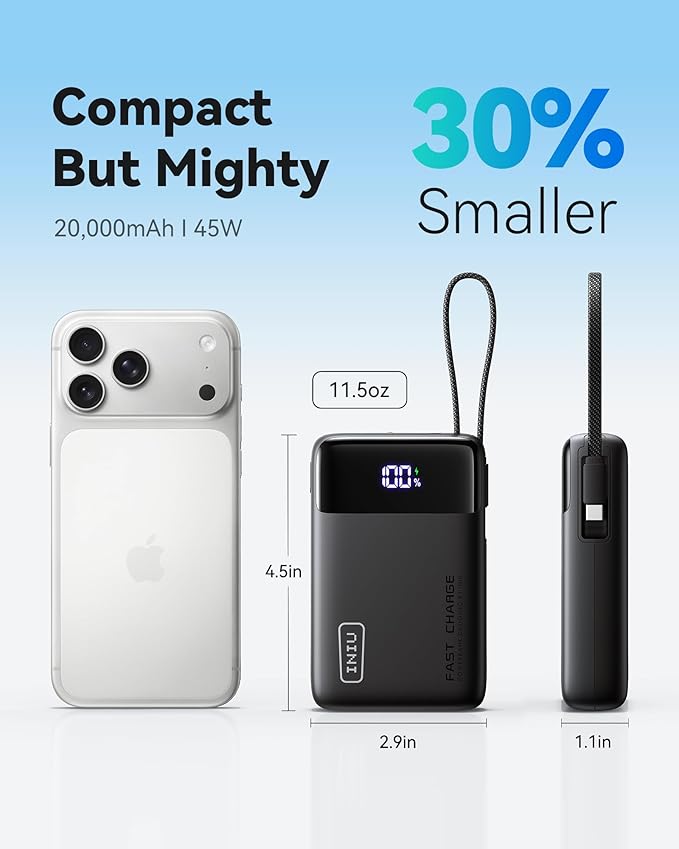 INIU 45W Portable Charger, Smallest 20000mAh Power Bank with Build in USB-C Cable, Fast Charging USB C in&Out Battery Pack, Travel Phone Charger for iPhone 17 16 15 Air Samsung S25 S24 Google, Beige
