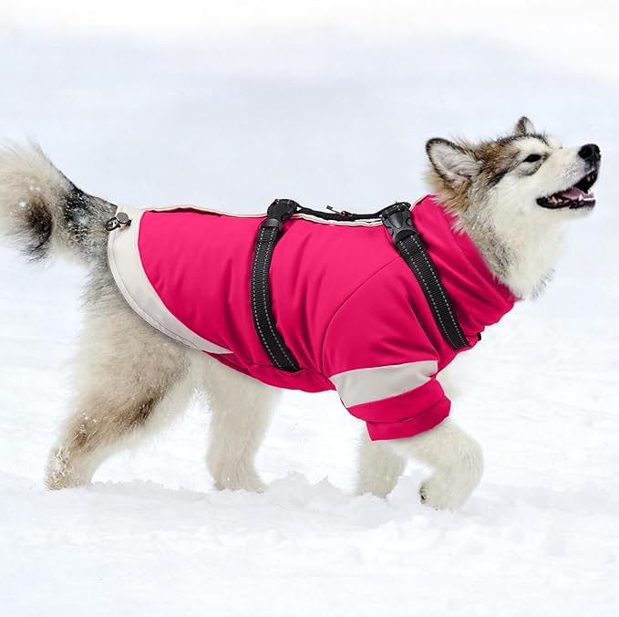 MIGOHI Waterproof Dog Coat with Harness Adjustable Dog Jacket Pet Winter Coat with Zipper,Christmas Small Fleece Jacket for Small Dogs,Extra Long Sleeves Warm Winter Snowsuit for Dogs,M,Rosered