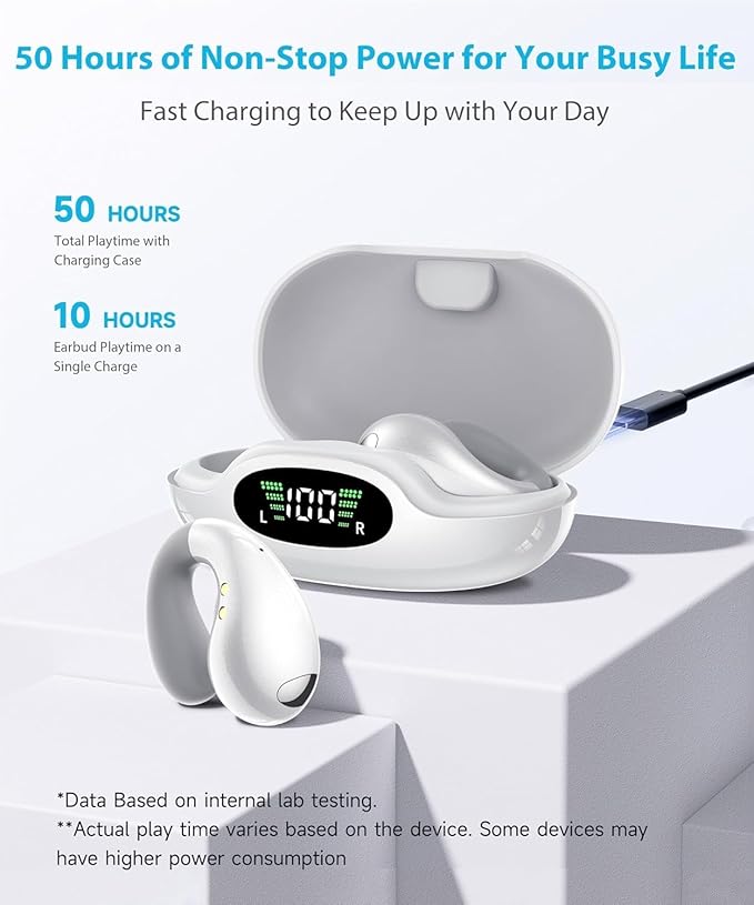 Ultra Open Ear Earbuds - Ergonomic Clip-On Earbuds, Open Wireless Headphones with Over-Ear Fit, Bluetooth Audio Buds for Running, Gym with Long Battery Life, Pure White
