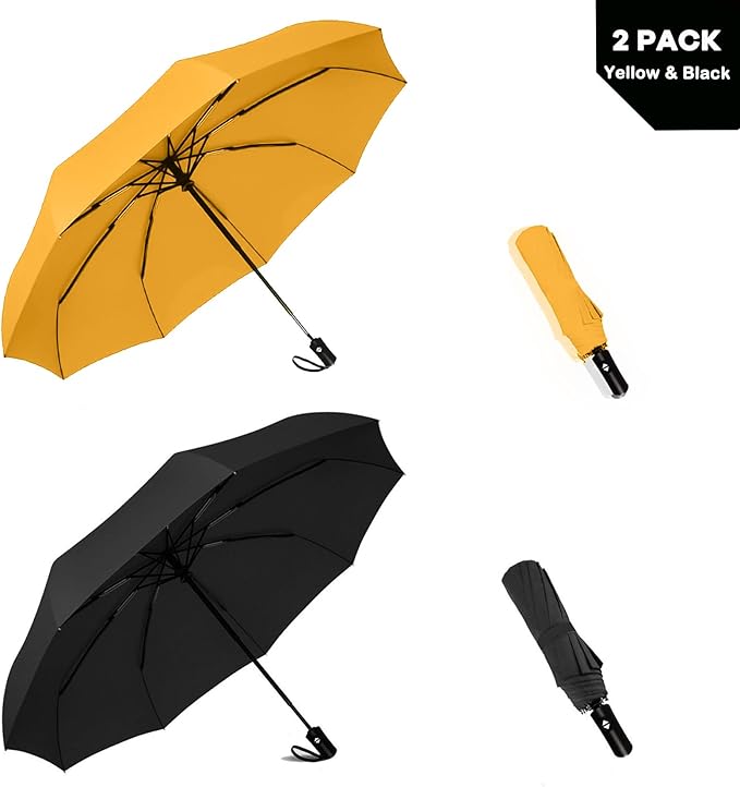 SIEPASA Two Packs Auto Open & Close Small Travel Umbrella for Backpack-Umbrellas for Rain, Windproof Lightweight Strong Mini Portable Umbrellas for Men and Women.(Black & Yellow, 2 Pack)