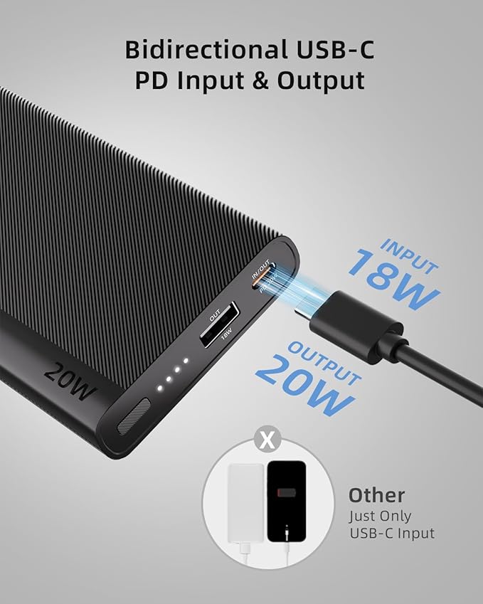 imuto Portable Charger, Slim 20W PD 10000mAh Power Bank, USB C in & Out Fast Charging Battery Pack, Travel Essential External Phone Charger for iPhone, iPad, Samsung, Google, LG