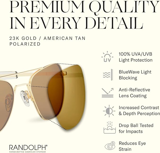 Randolph Eyewear Aviator Sunglasses for Men & Women – Non-Polarized & Polarized Lenses, 23k Gold UV Protection Sunglasses