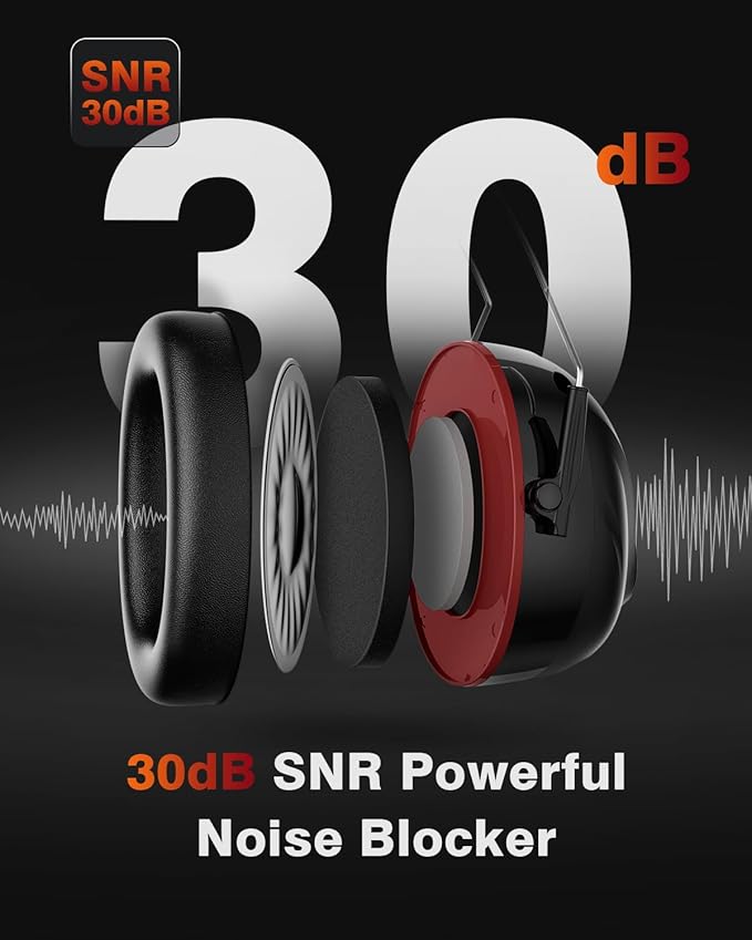 Bluetooth 5.4 Hearing Protection Headphones with 120H Working Time, 30dB SNR, Superior Stereo Sound Quality, Larger Buttons for Easy Operation, Safety Ear Muffs for Lawn Mowing, Workshops-Black