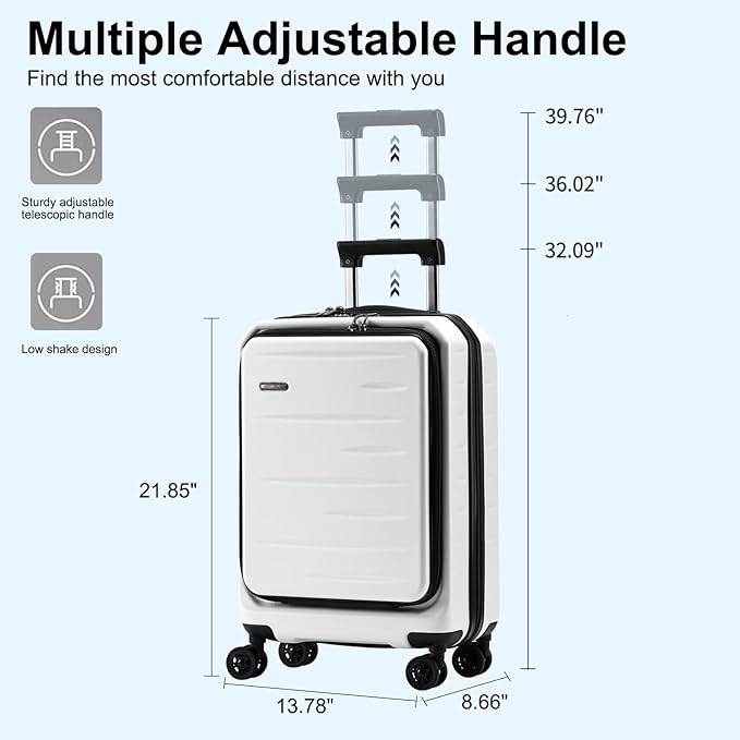 Carry On Luggage 22×14×9 Airline Approved, 20 Inch Lightweight ABS+PC Hard Shell Suitcases with Front Pocket, Spinner Wheels, TSA Lock (White, 1PC)