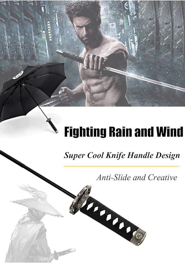 Cool Lemon Samurai Katana Master Sword Hilt Handle Folding Umbrella Anime Portable Travel Japanese Ninja Compact Umbrellas Windproof, Black Glue Anti UV, Business Birthday Gift for Men