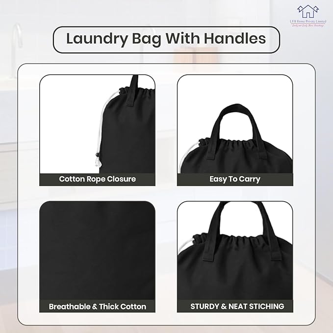 LFH Home Large Premium 1pack Cotton Canvas Laundry Bag with Drawstring and Handles Heavy Duty, Multi-Use, and Washable for Home, Travel, College or Storage 20x30-Black