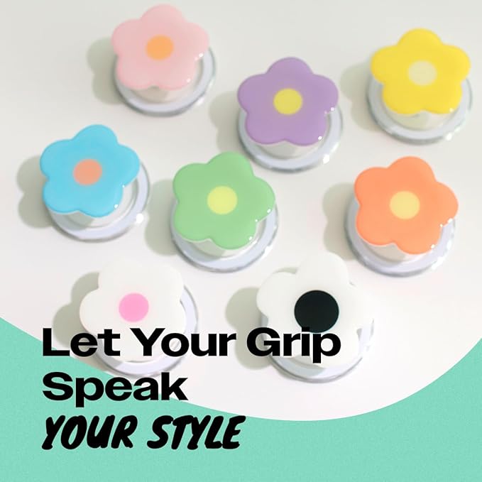 OnTheGrip Compatible with Magsafe Magnetic Cute Solid Color Daisy Flower Design Collapsible Mobile Phone Grip Stand Holder for Smartphone Tablet Cell Phone Accessory (White Black)