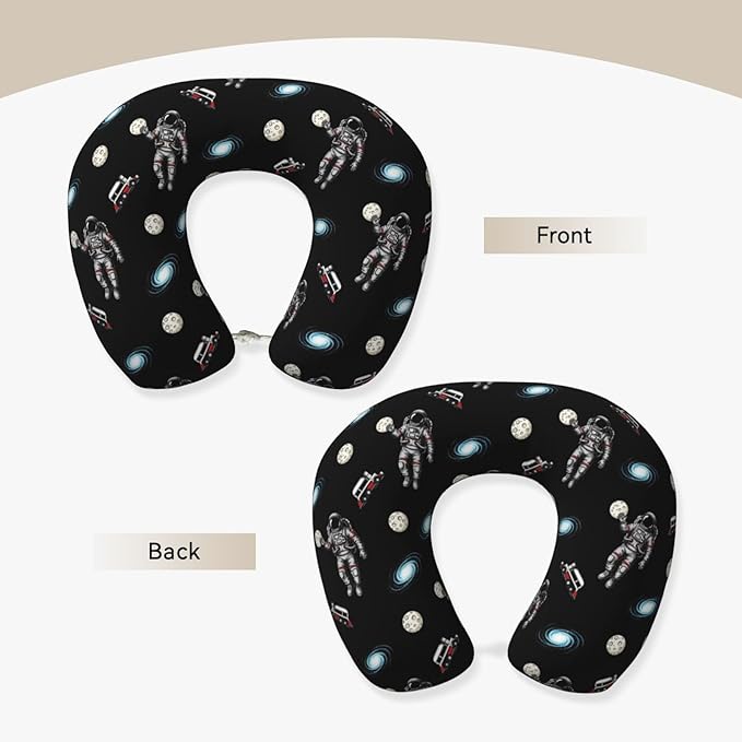 Support Neck Pillow for Youth Travel, Washable Airplane Chin Supporting and Relax U Shaped Pillows Outer Space Astronaut Slam Dunk Moon Basketball Black