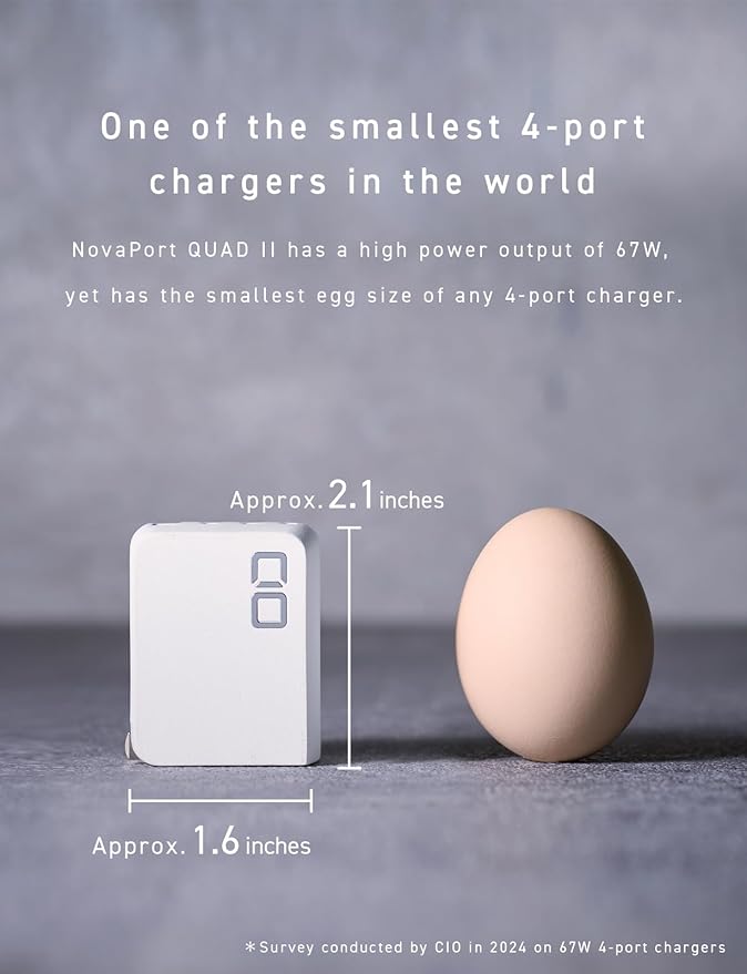 CIO 65W GaN Charger Block, Compact 4-Port Adapter with 3 USB-C Ports & 1 USB-A, Max 67W USBC Fast-Charging Multi-Device Wall Charger Block for Laptop/Phone/Tablet, NovaPort Quad II 67W3C1A (White)