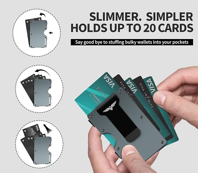 Wallet for Men, Money Clip Wallet with Cash Strap, Slim Card Wallet, RFID Blocking Card Holder, Holds up to 20 cards