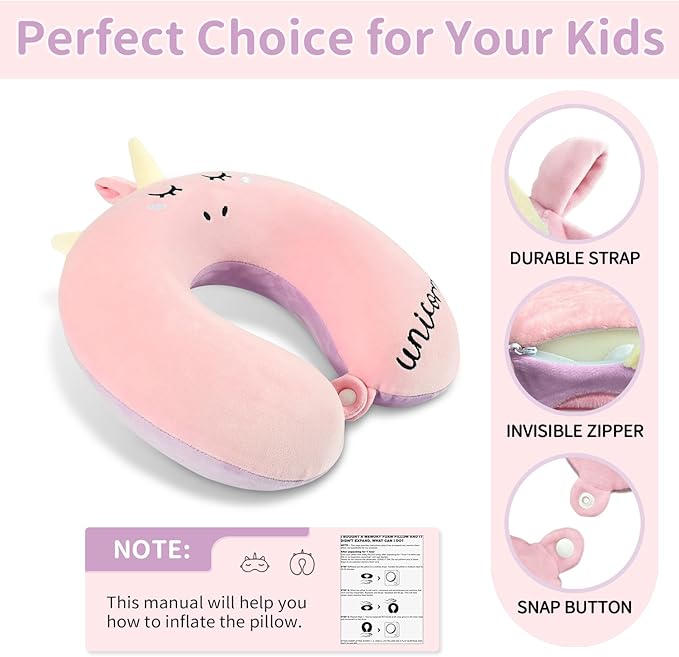 Neck Travel Pillow for Kids, Unicorn Airplane Memory Foam Pillow with Cute Sleep Mask & Earplugs, Lightweight Travelling Sleeping Pillow Set for Car, Train, Bus and Home Use (Pink)