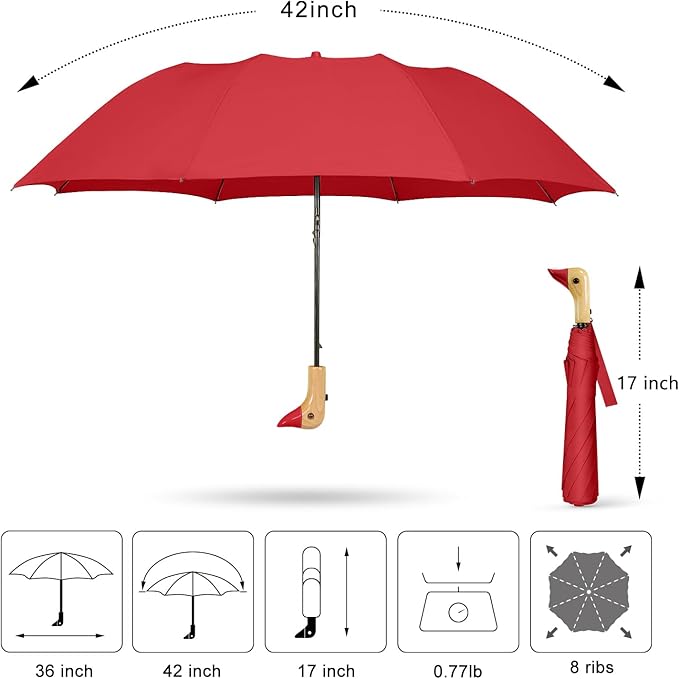 Duck Handle Umbrella Kids - Compact Portable Folding Lightweight Small Strong Wooden Duck Windproof Travel Umbrella for Kids Gifts