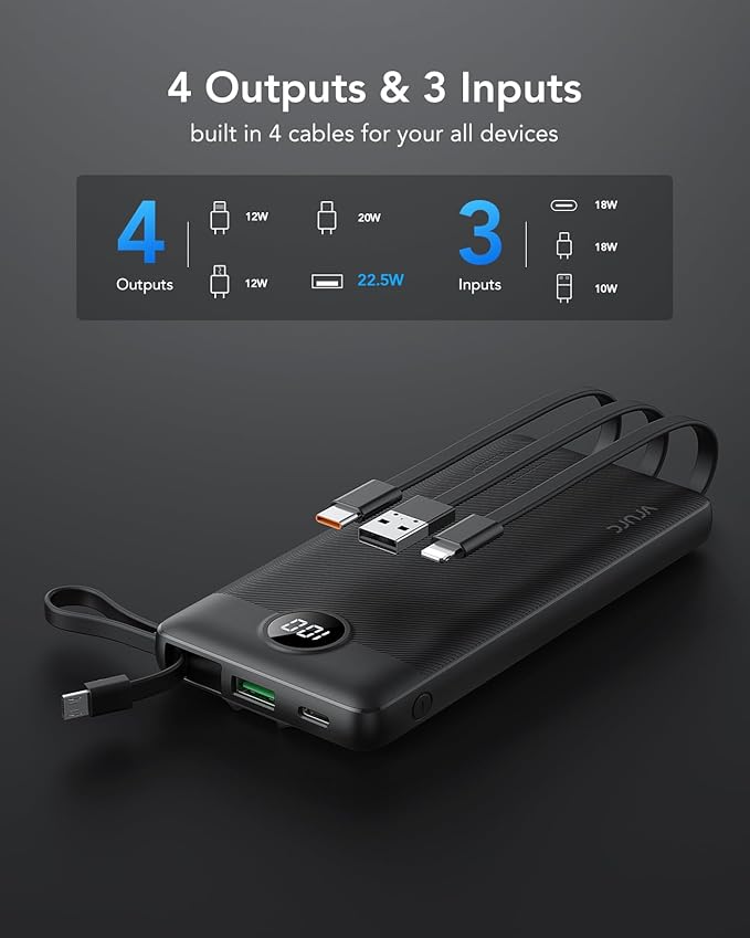 VRURC Portable Charger, 22.5W Slim Power Bank Fast Charging, 10000mAh USB C Portable Phone Charger, Compact Travel Battery Pack with Built-in Cables for iPhone 16 15 14 13, Samsung-Black(1 Pack)