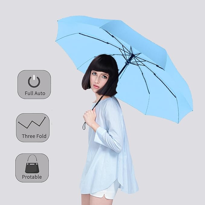 SIEPASA Windproof Travel Compact Umbrella-Automatic Umbrellas for Rain-Compact Folding Umbrella, Travel Umbrella Compact, Small Portable Windproof Umbrellas for Men Women Teenage.(Light Blue)