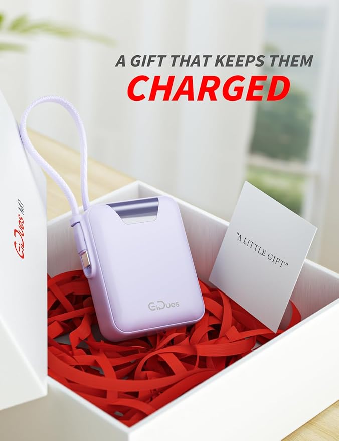 Mini Portable Charger, 10000mAh Ultra-Compact Power Bank, 22.5W PD Fast Charging, Tpye-C Built-in Cable, Small Size External Battery Pack for iPhone, Samsung, Android iPad (Purple)