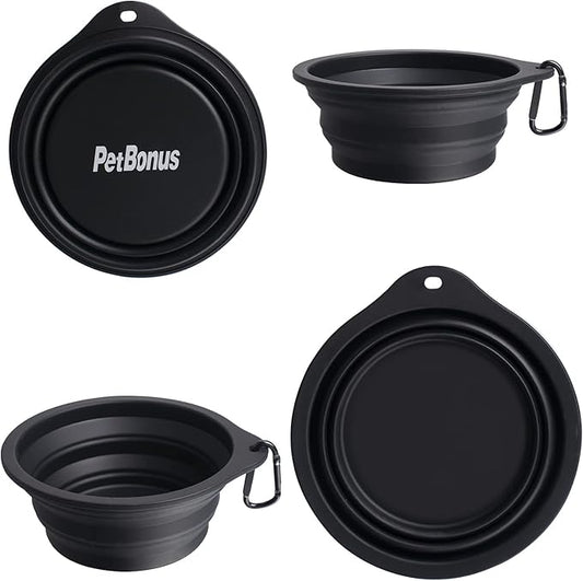 PetBonus 2-Pack Silicone Collapsible Dog Bowls, BPA Free Dishwasher Safe, Portable Foldable Expandable Travel Bowl, Food Water Feeding Cup Dish for Dogs Cats with 2 Carabiners (Black, Black)