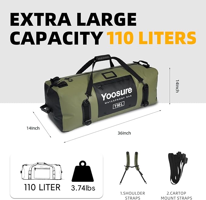 Waterproof Duffel Bag 110L - Marine Dry Bag with 700D PVC & Airtight Zipper, Extra Large Duffle Bag for Camping, Rafting, Kayaking, Boating, Car Roof Storage (Green)