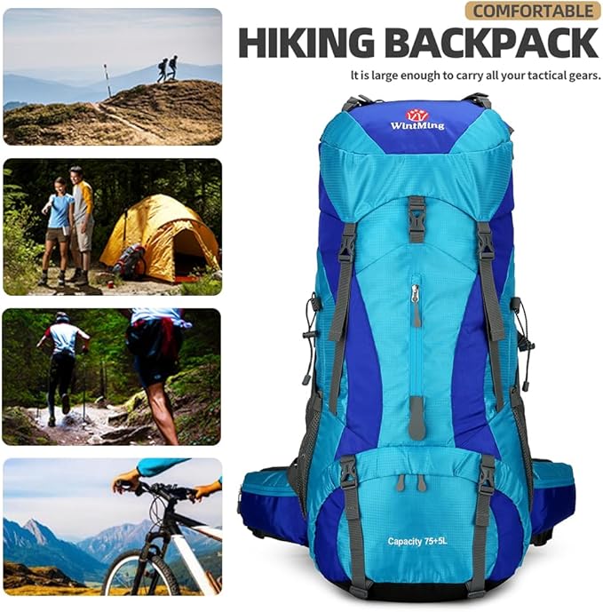 75L Hiking Backpack with Rain Cover Waterproof Camping Backpack Shoes Warehouse for Men Women, Frameless