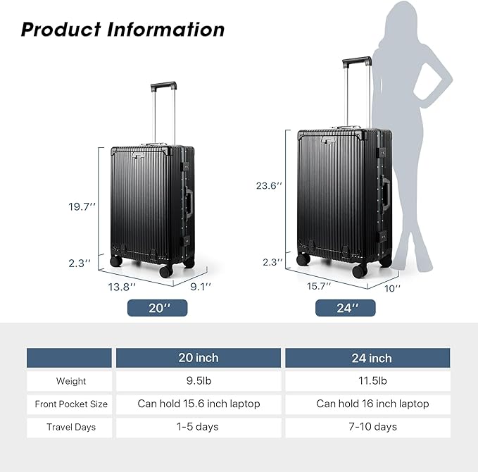 MRPLUM Front Pocket Carry On Luggage,PC Hardside Spinner Wheel Suitcase with TSA Lock,Cup Holder,Phone Holder&USB Charging Port,Black(1 Piece)