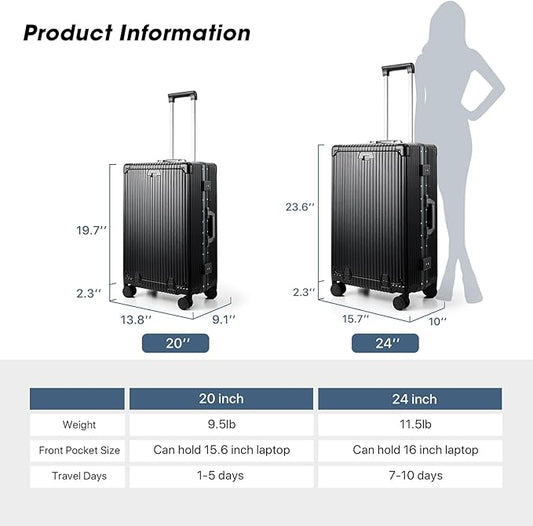 MRPLUM Front Pocket Carry On Luggage,PC Hardside Spinner Wheel Suitcase with TSA Lock,Cup Holder,Phone Holder&USB Charging Port,Black(1 Piece)