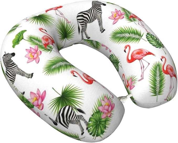 Neck Pillow Memory Foam Chin Cushion with Breathable Cover Green Palm Leaf Zebra Pink Flamingo Floral, Cute Airplane Car Pillows for Office Head Pain Relief