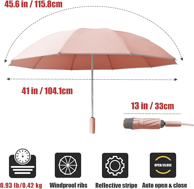 Large Windproof Travel Umbrella, Portable Reverse Folding Car Umbrella, Compact Inverted Design with Waterproof Canopy, Automatic, 10 Durable Ribs, 45.6/13 Inch, Fits Backpack